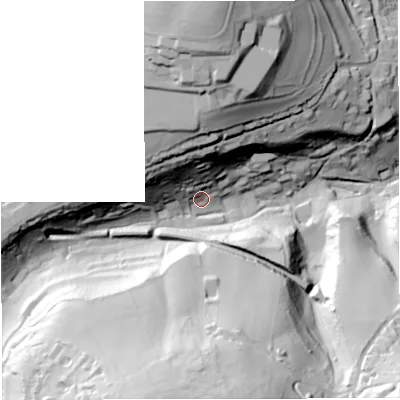 Shaded relief map of the ground around BA24LU, computed from Environment Agency LiDAR. The ground here sits at about 61 m above sea level and falls 94 m across the surrounding 800 m. Surface water reaching this point runs off ground lying to the south-south-west, 76.2 m higher.