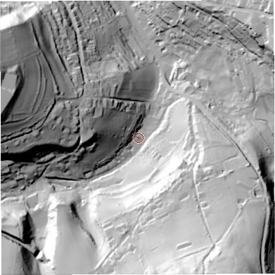 Shaded relief map of the ground around BA24NA, computed from Environment Agency LiDAR. The ground here sits at about 38 m above sea level and falls 98 m across the surrounding 800 m. Surface water reaching this point runs off ground lying to the south-south-east, 85.7 m higher.
