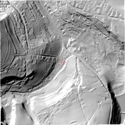 Shaded relief map of the ground around BA24NB, computed from Environment Agency LiDAR. The ground here sits at about 35 m above sea level and falls 84 m across the surrounding 800 m. Surface water reaching this point runs off ground lying to the south-south-east, 73.7 m higher.