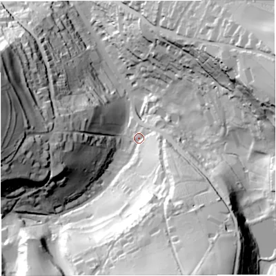 Shaded relief map of the ground around BA24ND, computed from Environment Agency LiDAR. The ground here sits at about 37 m above sea level and falls 79 m across the surrounding 800 m. Surface water reaching this point runs off ground lying to the south-east, 18.2 m higher.