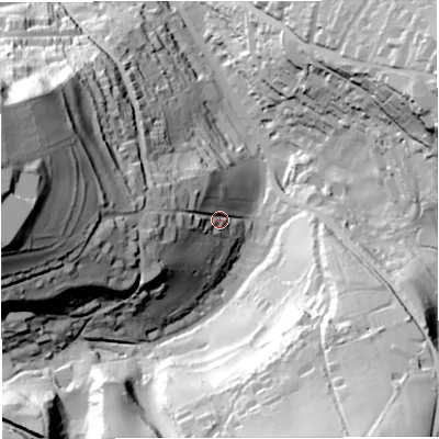Shaded relief map of the ground around BA24NE, computed from Environment Agency LiDAR. The ground here sits at about 46 m above sea level and falls 95 m across the surrounding 800 m. Surface water reaching this point runs off ground lying to the west, 69.1 m higher.