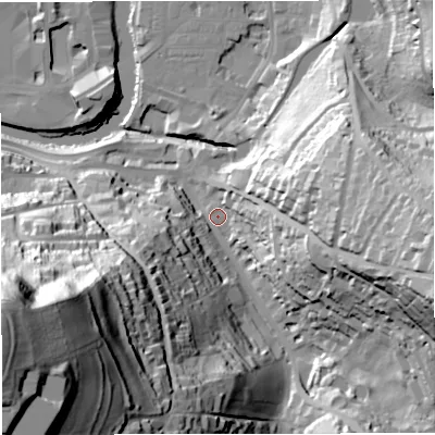 Shaded relief map of the ground around BA24NG, computed from Environment Agency LiDAR. The ground here sits at about 24 m above sea level and falls 110 m across the surrounding 800 m. Surface water reaching this point runs off ground lying to the west-south-west, 101.9 m higher.