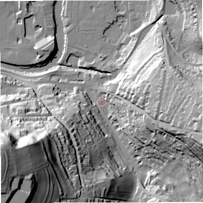 Shaded relief map of the ground around BA24NQ, computed from Environment Agency LiDAR. The ground here sits at about 24 m above sea level and falls 110 m across the surrounding 800 m. Surface water reaching this point runs off ground lying to the west-south-west, 102.6 m higher.