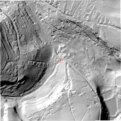 Shaded relief map of the ground around BA24NW, computed from Environment Agency LiDAR. The ground here sits at about 39 m above sea level and falls 76 m across the surrounding 800 m. Surface water reaching this point runs off ground lying to the south-south-east, 62.2 m higher.