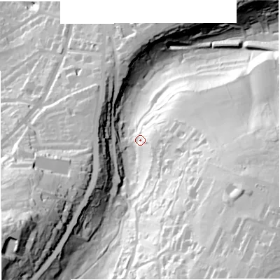 Shaded relief map of the ground around BA25NB, computed from Environment Agency LiDAR. The ground here sits at about 89 m above sea level and falls 103 m across the surrounding 800 m. Surface water reaching this point runs off ground lying to the east-south-east, 63.7 m higher.