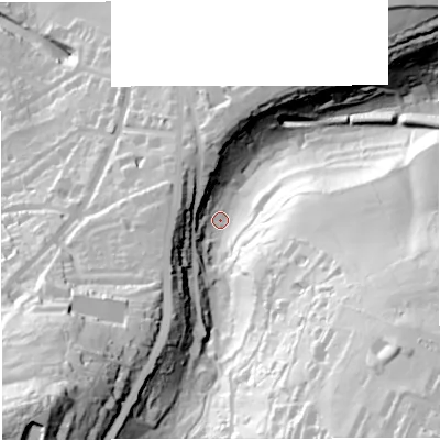 Shaded relief map of the ground around BA25NR, computed from Environment Agency LiDAR. The ground here sits at about 77 m above sea level and falls 106 m across the surrounding 800 m. Surface water reaching this point runs off ground lying to the south-east, 83.1 m higher.