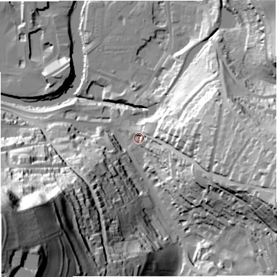 Shaded relief map of the ground around BA26AA, computed from Environment Agency LiDAR. The ground here sits at about 26 m above sea level and falls 109 m across the surrounding 800 m. Surface water reaching this point runs off ground lying to the east, 36.9 m higher.
