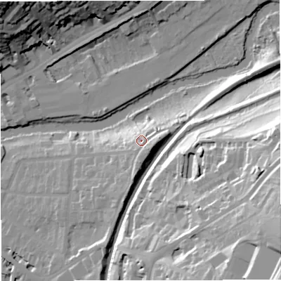 Shaded relief map of the ground around BA26BJ, computed from Environment Agency LiDAR. The ground here sits at about 31 m above sea level and falls 58 m across the surrounding 800 m. Surface water reaching this point runs off ground lying to the south-east, 4.7 m higher.