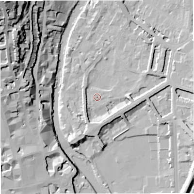 Shaded relief map of the ground around BA26FA, computed from Environment Agency LiDAR. The ground here sits at about 21 m above sea level and falls 54 m across the surrounding 800 m. Surface water reaching this point runs off ground lying to the east-north-east, 6.8 m higher.