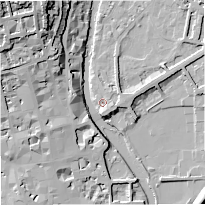 Shaded relief map of the ground around BA26FJ, computed from Environment Agency LiDAR. The ground here sits at about 21 m above sea level and falls 42 m across the surrounding 800 m. Surface water reaching this point runs off ground lying to the south-south-east, 5.4 m higher.