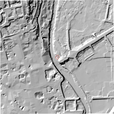 Shaded relief map of the ground around BA26FL, computed from Environment Agency LiDAR. The ground here sits at about 19 m above sea level and falls 42 m across the surrounding 800 m. Surface water reaching this point runs off ground lying to the north-north-west, 40.5 m higher.