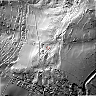 Shaded relief map of the ground around BA26JG, computed from Environment Agency LiDAR. The ground here sits at about 136 m above sea level and falls 135 m across the surrounding 800 m. Surface water reaching this point runs off ground lying to the east, 54.9 m higher.