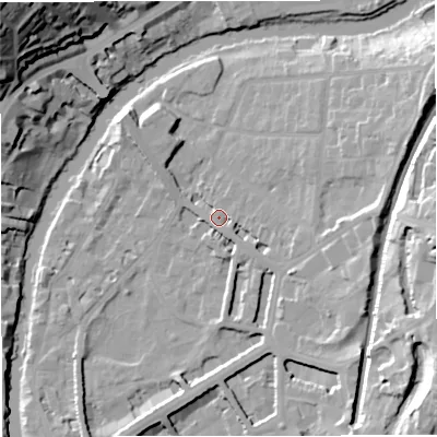 Shaded relief map of the ground around BA26LH, computed from Environment Agency LiDAR. The ground here sits at about 23 m above sea level and falls 49 m across the surrounding 800 m. Surface water reaching this point runs off ground lying to the east, 11.9 m higher.