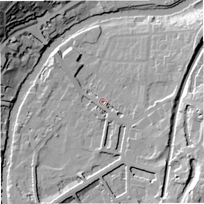 Shaded relief map of the ground around BA26LJ, computed from Environment Agency LiDAR. The ground here sits at about 23 m above sea level and falls 45 m across the surrounding 800 m. Surface water reaching this point runs off ground lying to the east, 11.9 m higher.