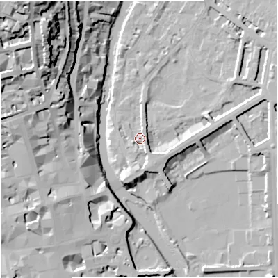 Shaded relief map of the ground around BA26LL, computed from Environment Agency LiDAR. The ground here sits at about 21 m above sea level and falls 49 m across the surrounding 800 m. Surface water reaching this point runs off ground lying to the south, 6.0 m higher.