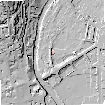 Shaded relief map of the ground around BA26LP, computed from Environment Agency LiDAR. The ground here sits at about 20 m above sea level and falls 56 m across the surrounding 800 m. Surface water reaching this point runs off ground lying to the east, 6.8 m higher.