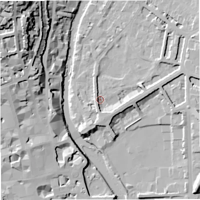 Shaded relief map of the ground around BA26LR, computed from Environment Agency LiDAR. The ground here sits at about 21 m above sea level and falls 49 m across the surrounding 800 m. Surface water reaching this point runs off ground lying to the south-south-east, 5.8 m higher.