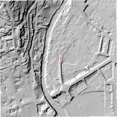Shaded relief map of the ground around BA26LS, computed from Environment Agency LiDAR. The ground here sits at about 20 m above sea level and falls 62 m across the surrounding 800 m. Surface water reaching this point runs off ground lying to the east, 7.9 m higher.