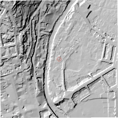 Shaded relief map of the ground around BA26LT, computed from Environment Agency LiDAR. The ground here sits at about 21 m above sea level and falls 66 m across the surrounding 800 m. Surface water reaching this point runs off ground lying to the east, 6.8 m higher.
