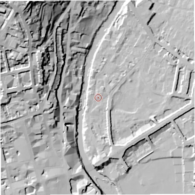 Shaded relief map of the ground around BA26LU, computed from Environment Agency LiDAR. The ground here sits at about 20 m above sea level and falls 65 m across the surrounding 800 m. Surface water reaching this point runs off ground lying to the east, 6.7 m higher.