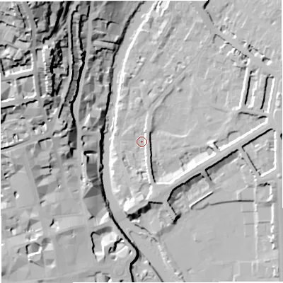 Shaded relief map of the ground around BA26LW, computed from Environment Agency LiDAR. The ground here sits at about 20 m above sea level and falls 56 m across the surrounding 800 m. Surface water reaching this point runs off ground lying to the east, 6.8 m higher.