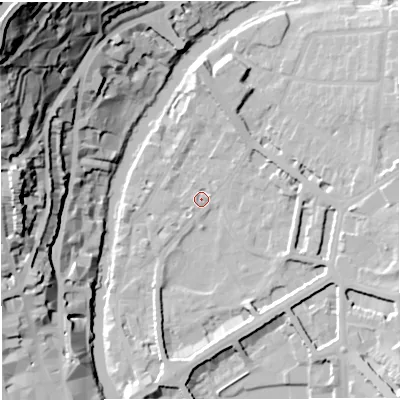 Shaded relief map of the ground around BA26LX, computed from Environment Agency LiDAR. The ground here sits at about 20 m above sea level and falls 70 m across the surrounding 800 m. Surface water reaching this point runs off ground lying to the east-south-east, 10.1 m higher.
