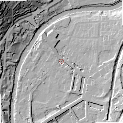 Shaded relief map of the ground around BA26LY, computed from Environment Agency LiDAR. The ground here sits at about 21 m above sea level and falls 60 m across the surrounding 800 m. Surface water reaching this point runs off ground lying to the east, 12.0 m higher.