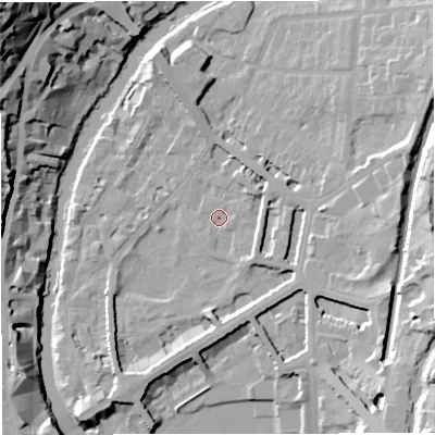 Shaded relief map of the ground around BA26LZ, computed from Environment Agency LiDAR. The ground here sits at about 22 m above sea level and falls 43 m across the surrounding 800 m. Surface water reaching this point runs off ground lying to the south-east, 4.5 m higher.