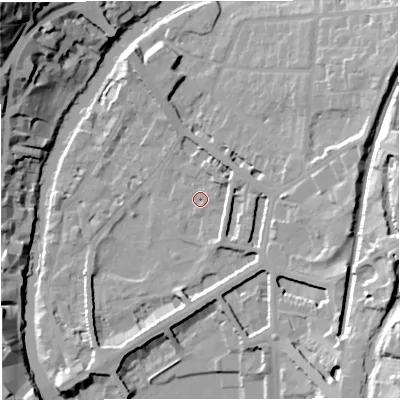 Shaded relief map of the ground around BA26NA, computed from Environment Agency LiDAR. The ground here sits at about 22 m above sea level and falls 39 m across the surrounding 800 m. Surface water reaching this point runs off ground lying to the east-south-east, 3.0 m higher.