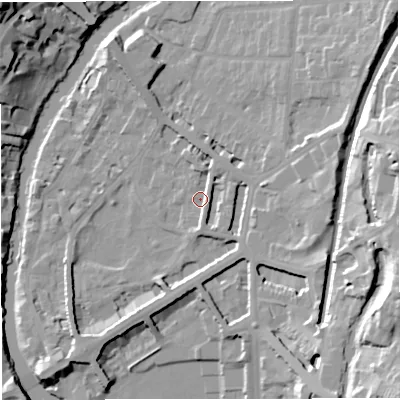 Shaded relief map of the ground around BA26NB, computed from Environment Agency LiDAR. The ground here sits at about 22 m above sea level and falls 32 m across the surrounding 800 m. Surface water reaching this point runs off ground lying to the east-north-east, 11.1 m higher.