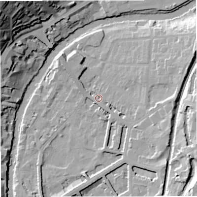 Shaded relief map of the ground around BA26NX, computed from Environment Agency LiDAR. The ground here sits at about 22 m above sea level and falls 52 m across the surrounding 800 m. Surface water reaching this point runs off ground lying to the east, 11.9 m higher.