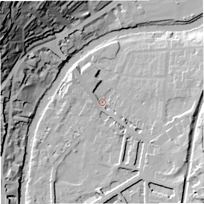 Shaded relief map of the ground around BA26PB, computed from Environment Agency LiDAR. The ground here sits at about 21 m above sea level and falls 68 m across the surrounding 800 m. Surface water reaching this point runs off ground lying to the north-west, 6.4 m higher.