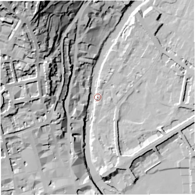 Shaded relief map of the ground around BA26PD, computed from Environment Agency LiDAR. The ground here sits at about 20 m above sea level and falls 71 m across the surrounding 800 m. Surface water reaching this point runs off ground lying to the north-west, 69.3 m higher.