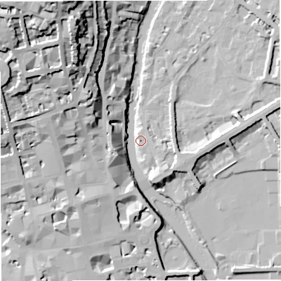 Shaded relief map of the ground around BA26PE, computed from Environment Agency LiDAR. The ground here sits at about 22 m above sea level and falls 47 m across the surrounding 800 m. Surface water reaching this point runs off ground lying to the north-west, 46.0 m higher.