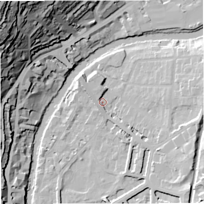 Shaded relief map of the ground around BA26PG, computed from Environment Agency LiDAR. The ground here sits at about 22 m above sea level and falls 76 m across the surrounding 800 m. Surface water reaching this point runs off ground lying to the north-west, 6.4 m higher.