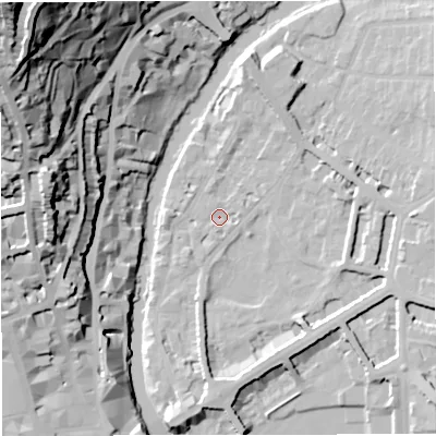 Shaded relief map of the ground around BA26PH, computed from Environment Agency LiDAR. The ground here sits at about 20 m above sea level and falls 80 m across the surrounding 800 m. Surface water reaching this point runs off ground lying to the south, 1.6 m higher.
