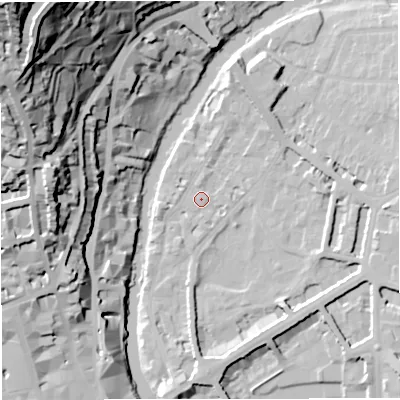 Shaded relief map of the ground around BA26PL, computed from Environment Agency LiDAR. The ground here sits at about 20 m above sea level and falls 83 m across the surrounding 800 m. Surface water reaching this point runs off ground lying to the north-north-east, 7.6 m higher.