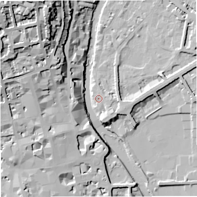 Shaded relief map of the ground around BA26PN, computed from Environment Agency LiDAR. The ground here sits at about 22 m above sea level and falls 46 m across the surrounding 800 m. Surface water reaching this point runs off ground lying to the east-south-east, 0.8 m higher.