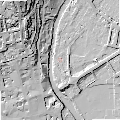 Shaded relief map of the ground around BA26PP, computed from Environment Agency LiDAR. The ground here sits at about 20 m above sea level and falls 56 m across the surrounding 800 m. Surface water reaching this point runs off ground lying to the south-south-east, 6.0 m higher.