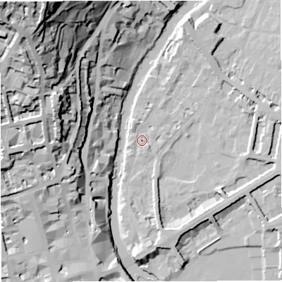 Shaded relief map of the ground around BA26PR, computed from Environment Agency LiDAR. The ground here sits at about 20 m above sea level and falls 71 m across the surrounding 800 m. Surface water reaching this point runs off ground lying to the north-north-east, 7.9 m higher.