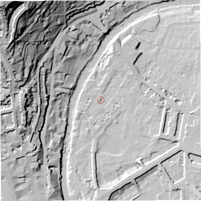 Shaded relief map of the ground around BA26PS, computed from Environment Agency LiDAR. The ground here sits at about 20 m above sea level and falls 90 m across the surrounding 800 m. Surface water reaching this point runs off ground lying to the north-north-east, 7.6 m higher.
