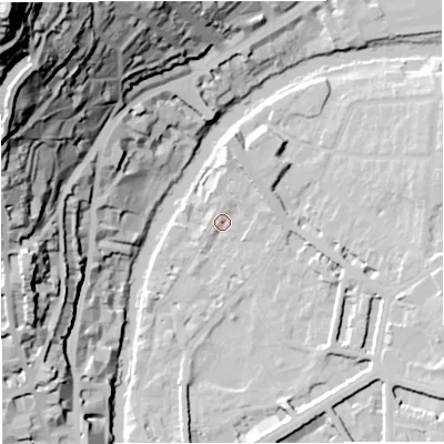 Shaded relief map of the ground around BA26PT, computed from Environment Agency LiDAR. The ground here sits at about 21 m above sea level and falls 103 m across the surrounding 800 m. Surface water reaching this point runs off ground lying to the north, 7.6 m higher.