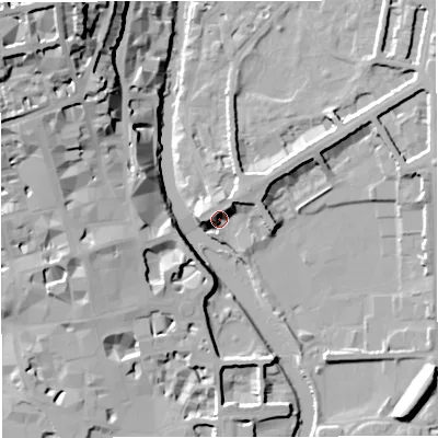 Shaded relief map of the ground around BA26PW, computed from Environment Agency LiDAR. The ground here sits at about 21 m above sea level and falls 38 m across the surrounding 800 m. Surface water reaching this point runs off ground lying to the north-east, 6.6 m higher.