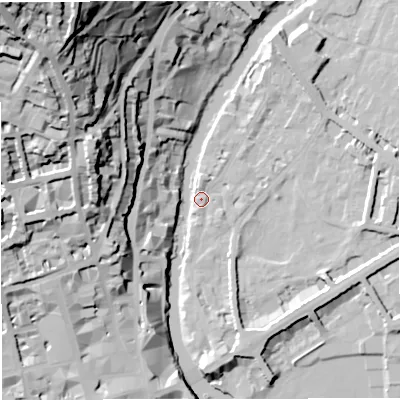 Shaded relief map of the ground around BA26PX, computed from Environment Agency LiDAR. The ground here sits at about 21 m above sea level and falls 75 m across the surrounding 800 m. Surface water reaching this point runs off ground lying to the north-north-east, 7.9 m higher.