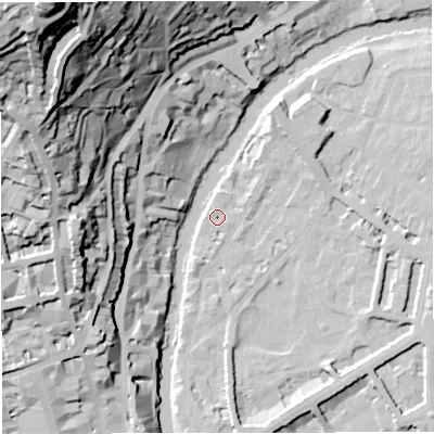 Shaded relief map of the ground around BA26PY, computed from Environment Agency LiDAR. The ground here sits at about 20 m above sea level and falls 96 m across the surrounding 800 m. Surface water reaching this point runs off ground lying to the north-west, 0.9 m higher.