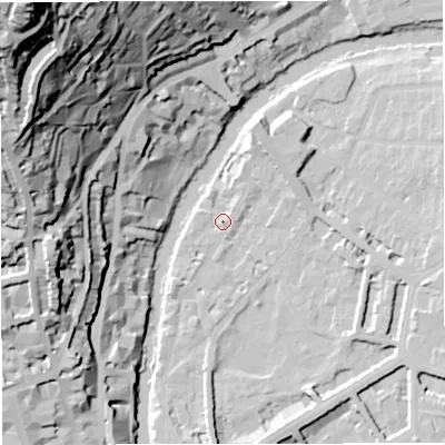 Shaded relief map of the ground around BA26PZ, computed from Environment Agency LiDAR. The ground here sits at about 21 m above sea level and falls 103 m across the surrounding 800 m. Surface water reaching this point runs off ground lying to the south, 1.6 m higher.