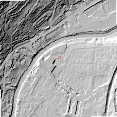 Shaded relief map of the ground around BA26QB, computed from Environment Agency LiDAR. The ground here sits at about 21 m above sea level and falls 89 m across the surrounding 800 m. Surface water reaching this point runs off ground lying to the east, 12.9 m higher.
