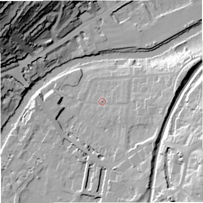 Shaded relief map of the ground around BA26QD, computed from Environment Agency LiDAR. The ground here sits at about 24 m above sea level and falls 62 m across the surrounding 800 m. Surface water reaching this point runs off ground lying to the east, 9.3 m higher.