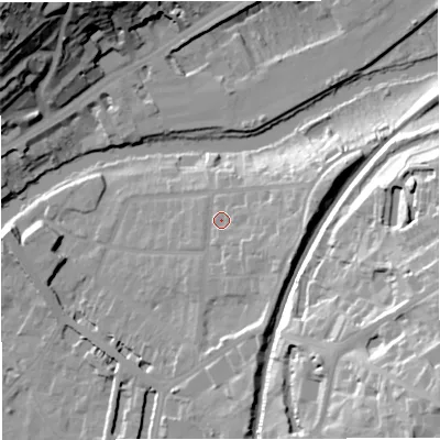 Shaded relief map of the ground around BA26QE, computed from Environment Agency LiDAR. The ground here sits at about 27 m above sea level and falls 47 m across the surrounding 800 m. Surface water reaching this point runs off ground lying to the east-south-east, 8.2 m higher.