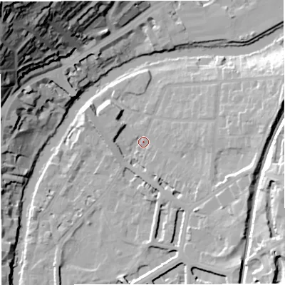 Shaded relief map of the ground around BA26QH, computed from Environment Agency LiDAR. The ground here sits at about 22 m above sea level and falls 66 m across the surrounding 800 m. Surface water reaching this point runs off ground lying to the east, 12.3 m higher.